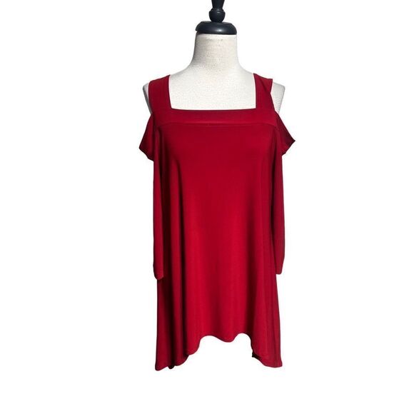 Clara Sun Woo Red Signature Cold Shoulder Tunic Blouse Size Medium - Picture 4 of 5